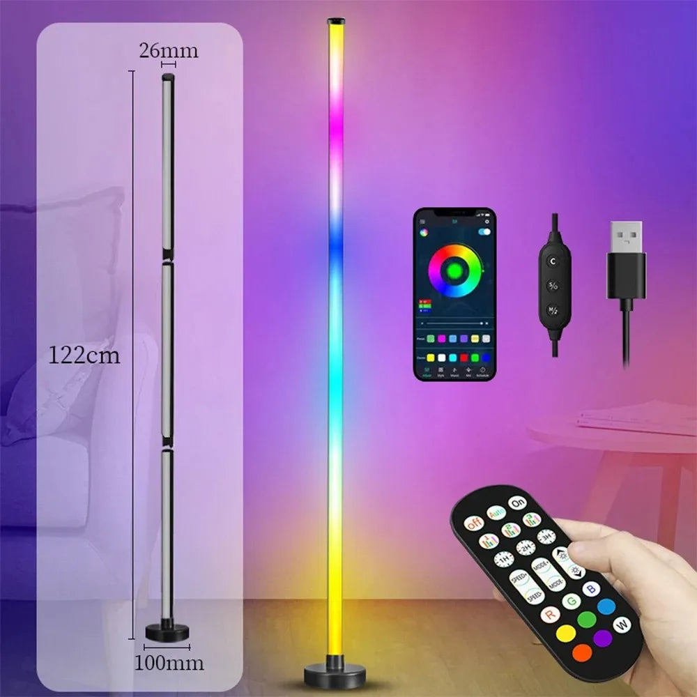 Luminária de chão LED RGB inteligente com controle remoto por aplicativo, sincronização de música, temporizador de iluminação de canto