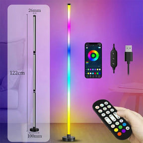 Luminária de chão LED RGB inteligente com controle remoto por aplicativo, sincronização de música, temporizador de iluminação de canto