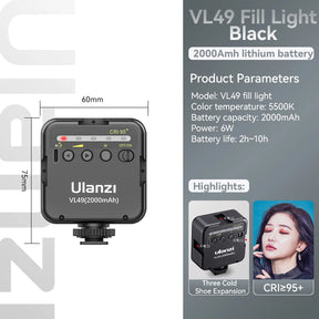 Ulanzi VL49 6W Mini Vlog LED Fill Light Branco 2000mAh 5500K Zoom Iluminação